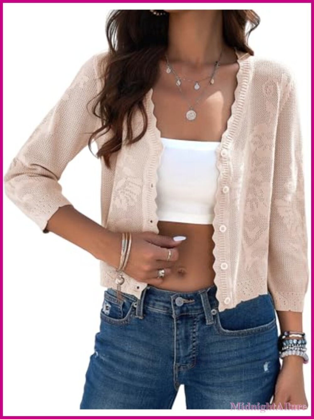 Cropped Cardigan Sweater Lightweight 3/4 Sleeve Button Down Crochet Textured